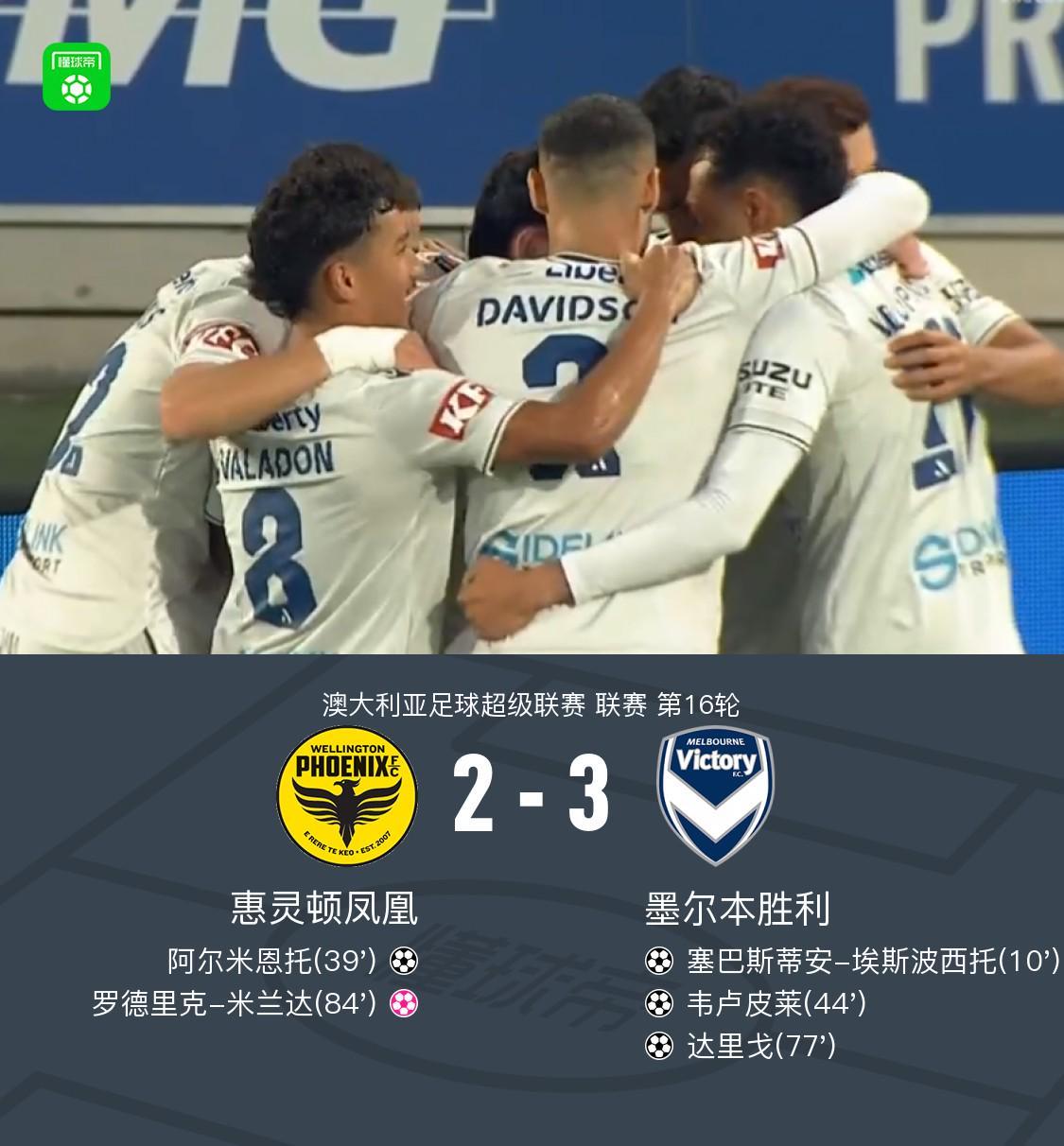 开云官网-墨尔本胜利客场3-2惠灵顿凤凰，韦卢皮莱破门+中框，达里戈破门